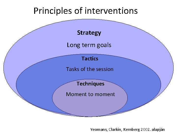 Principles of interventions Strategy Long term goals Tactics Tasks of the session Techniques Moment