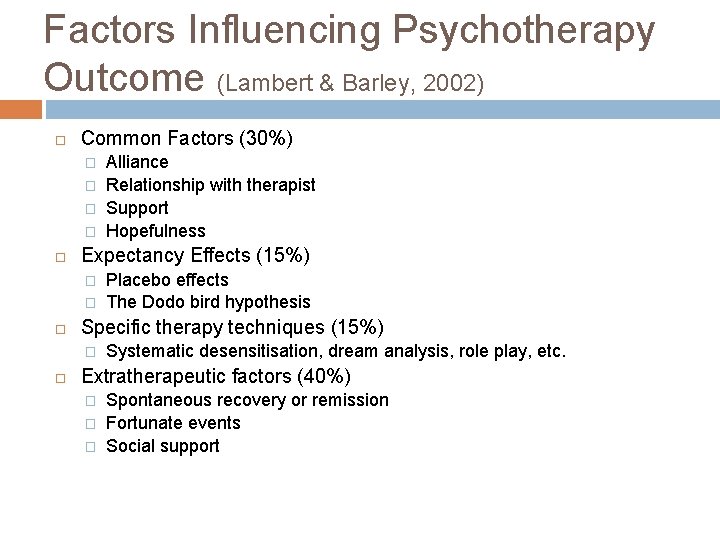 Factors Influencing Psychotherapy Outcome (Lambert & Barley, 2002) Common Factors (30%) � � Expectancy
