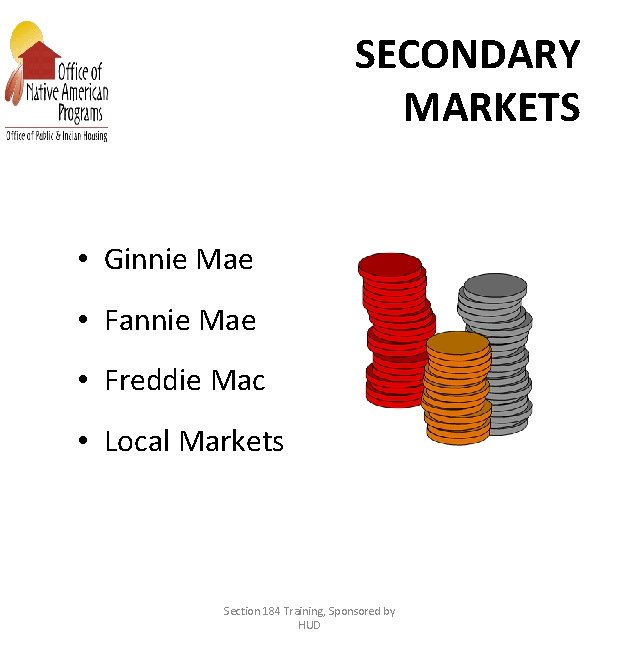 SECONDARY MARKETS • Ginnie Mae • Fannie Mae • Freddie Mac • Local Markets