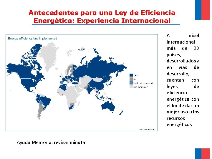 Antecedentes para una Ley de Eficiencia Energética: Experiencia Internacional A nivel internacional más de