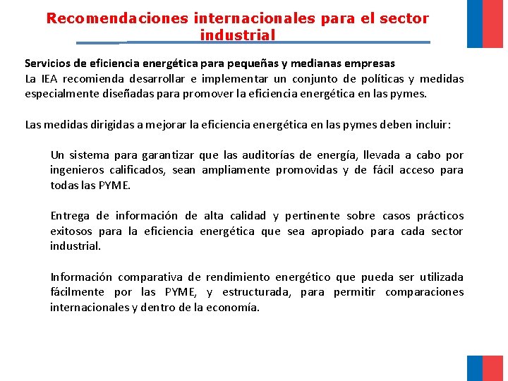 Recomendaciones internacionales para el sector industrial Servicios de eficiencia energética para pequeñas y medianas