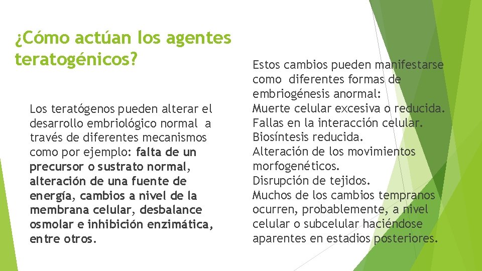 ¿Cómo actúan los agentes teratogénicos? Los teratógenos pueden alterar el desarrollo embriológico normal a