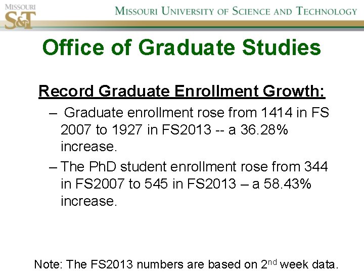 Office of Graduate Studies Record Graduate Enrollment Growth: – Graduate enrollment rose from 1414