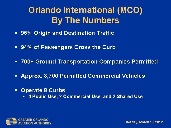 Orlando International (MCO) By The Numbers § 95% Origin and Destination Traffic § 94%