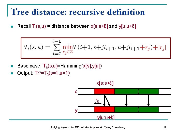 Tree distance: recursive definition n Recall Ti(s, u) = distance between x[s: s+ℓi] and