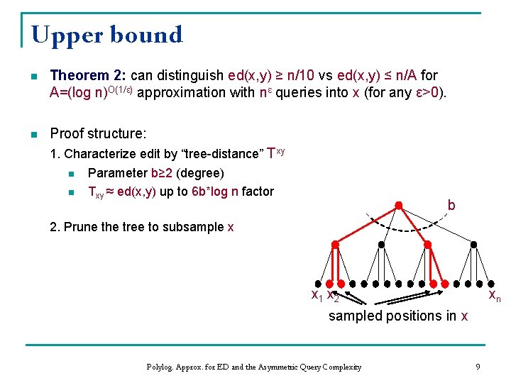 Upper bound n Theorem 2: can distinguish ed(x, y) ≥ n/10 vs ed(x, y) Upper bound n Theorem 2: can distinguish ed(x, y) ≥ n/10 vs ed(x, y)