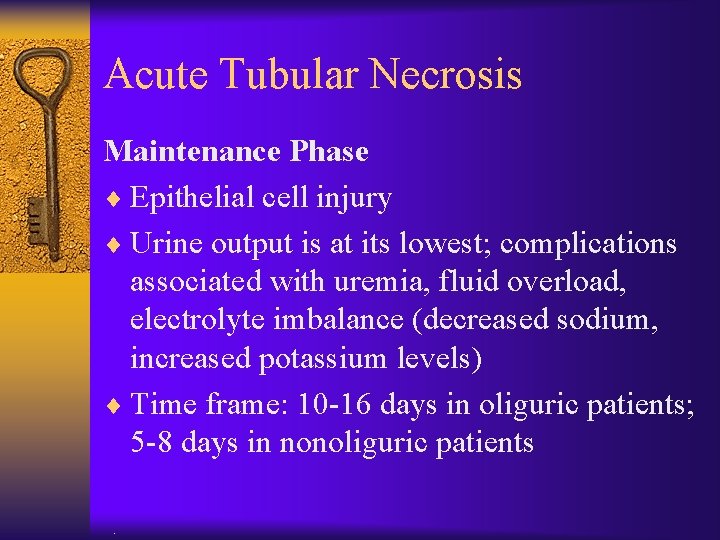 Acute Tubular Necrosis Maintenance Phase ¨ Epithelial cell injury ¨ Urine output is at