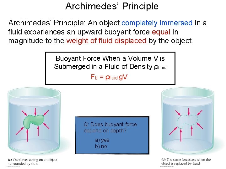 Archimedes’ Principle: An object completely immersed in a fluid experiences an upward buoyant force Archimedes’ Principle: An object completely immersed in a fluid experiences an upward buoyant force