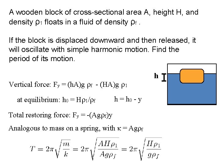 A wooden block of cross-sectional area A, height H, and density ρ1 floats in A wooden block of cross-sectional area A, height H, and density ρ1 floats in