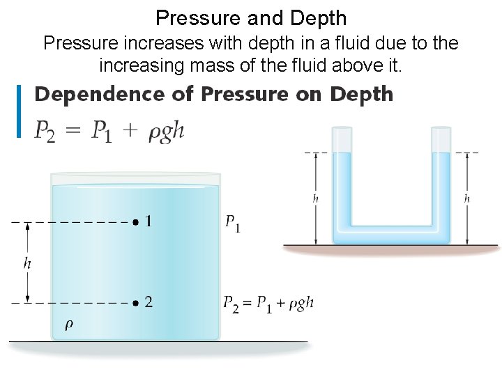 Pressure and Depth Pressure increases with depth in a fluid due to the increasing Pressure and Depth Pressure increases with depth in a fluid due to the increasing