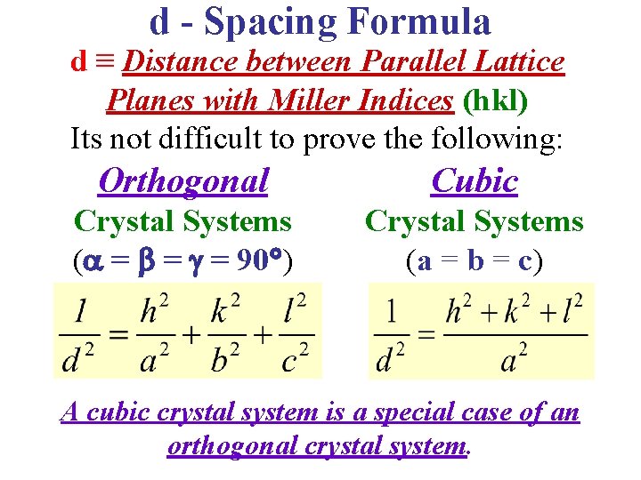 d - Spacing Formula d ≡ Distance between Parallel Lattice Planes with Miller Indices