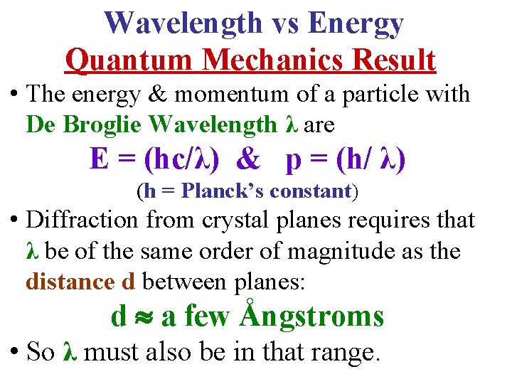 Wavelength vs Energy Quantum Mechanics Result • The energy & momentum of a particle