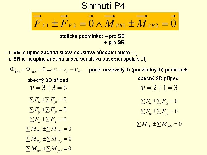 Shrnutí P 4 statická podmínka: – pro SE + pro SR – u SE