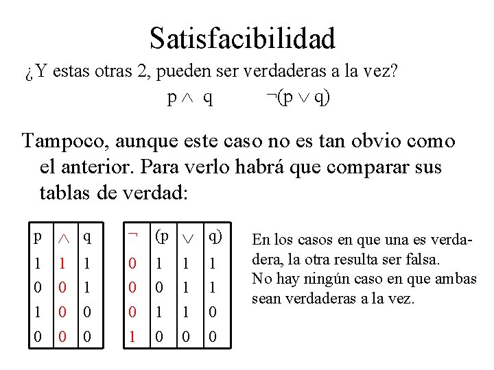 Satisfacibilidad ¿Y estas otras 2, pueden ser verdaderas a la vez? p q ¬(p