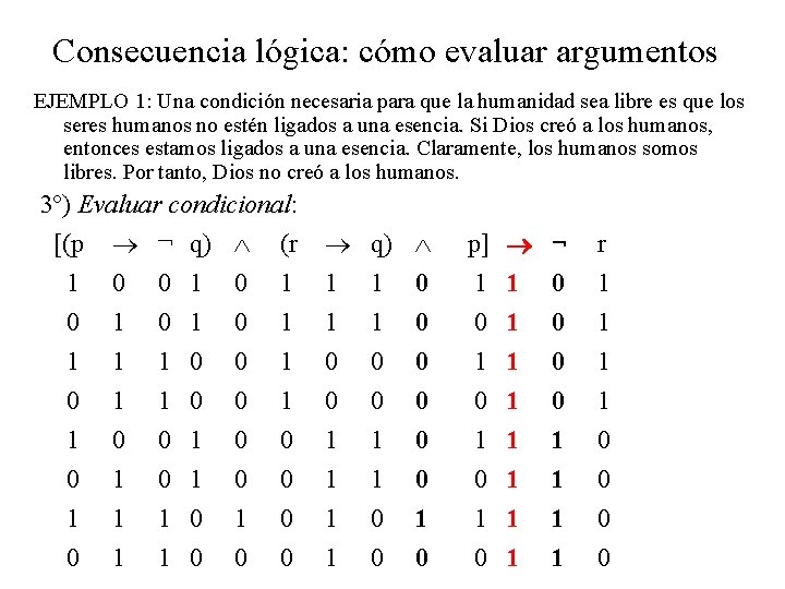 Consecuencia lógica: cómo evaluar argumentos EJEMPLO 1: Una condición necesaria para que la humanidad