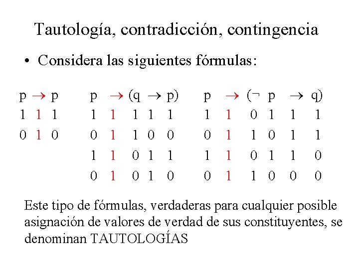 Tautología, contradicción, contingencia • Considera las siguientes fórmulas: p p 1 1 1 0