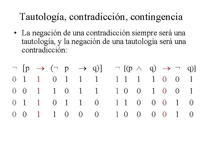 Tautología, contradicción, contingencia • La negación de una contradicción siempre será una tautología, y