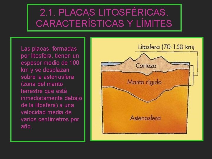 2. 1. PLACAS LITOSFÉRICAS. CARACTERÍSTICAS Y LÍMITES Las placas, formadas por litosfera, tienen un