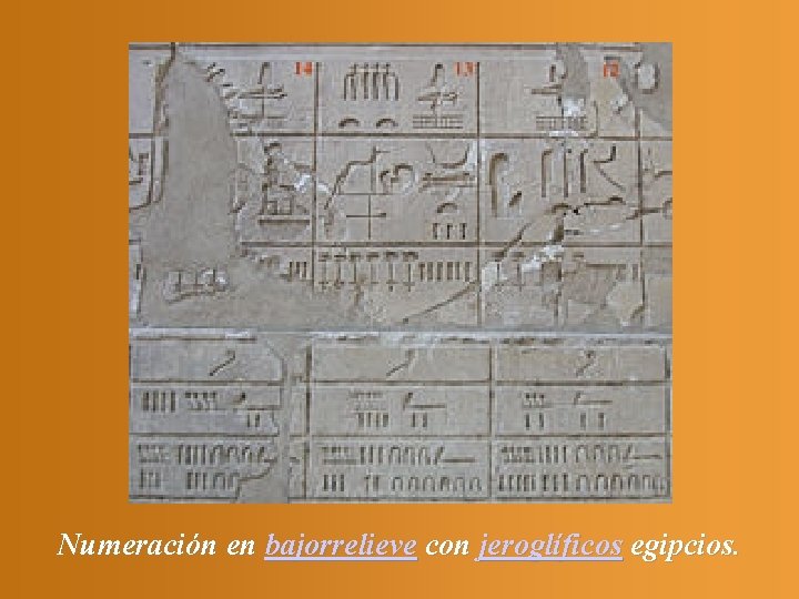 Numeración en bajorrelieve con jeroglíficos egipcios. 