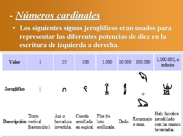 - Números cardinales • Los siguientes signos jeroglíficos eran usados para representar las diferentes