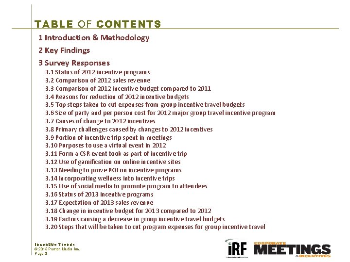 TABLE OF CONTENTS 1 Introduction & Methodology 2 Key Findings 3 Survey Responses 3.