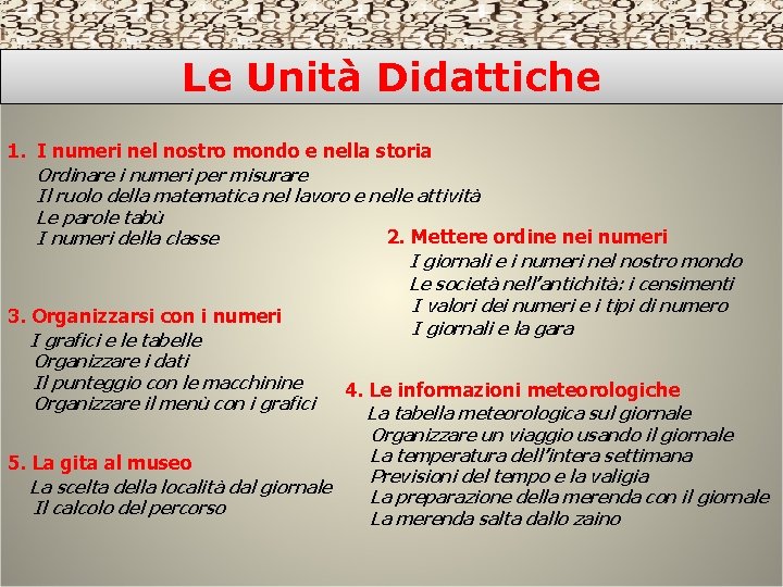 Le Unità Didattiche 1. I numeri nel nostro mondo e nella storia Ordinare i