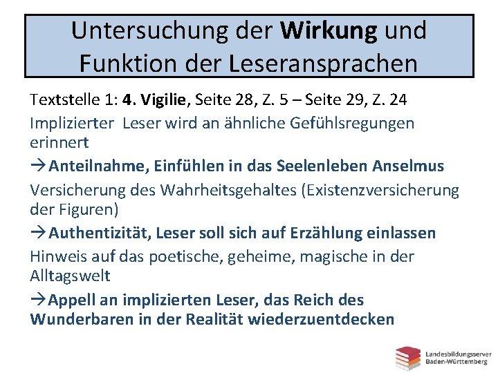 Untersuchung der Wirkung und Funktion der Leseransprachen Textstelle 1: 4. Vigilie, Seite 28, Z.