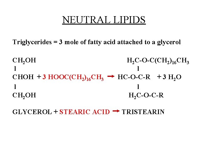NEUTRAL LIPIDS Triglycerides = 3 mole of fatty acid attached to a glycerol CH