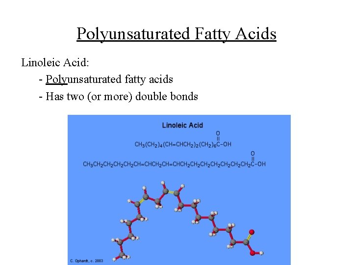 Polyunsaturated Fatty Acids Linoleic Acid: - Polyunsaturated fatty acids - Has two (or more)