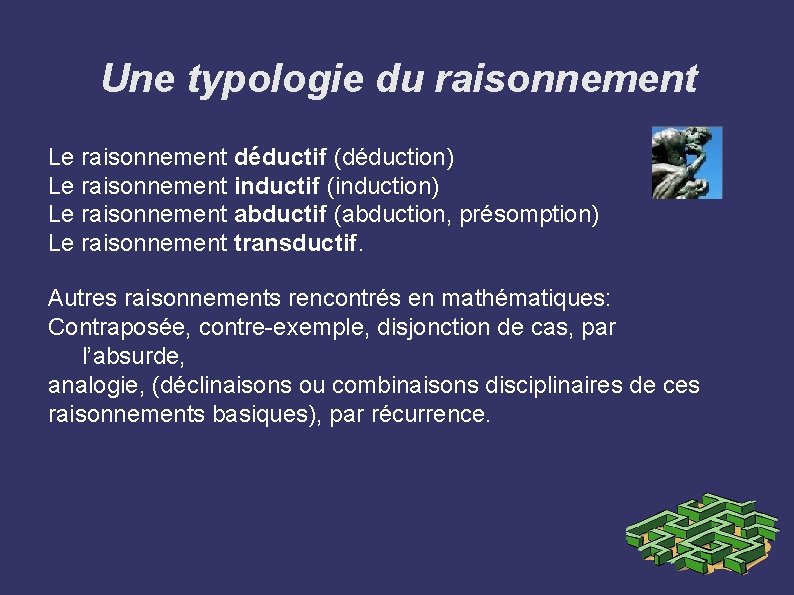 Une typologie du raisonnement Le raisonnement déductif (déduction) Le raisonnement inductif (induction) Le raisonnement