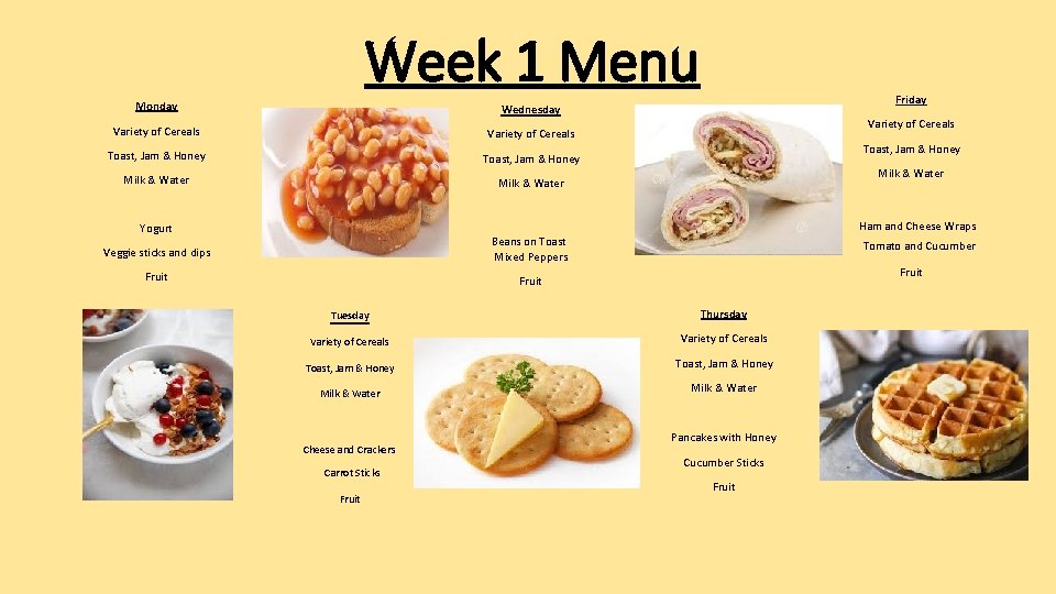 Week 1 Menu Monday Wednesday Variety of Cereals Toast, Jam & Honey Milk &