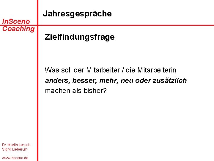 In. Sceno Coaching Jahresgespräche Zielfindungsfrage Was soll der Mitarbeiter / die Mitarbeiterin anders, besser,