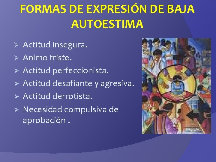 FORMAS DE EXPRESIÓN DE BAJA AUTOESTIMA Ø Ø Ø Actitud insegura. Animo triste. Actitud