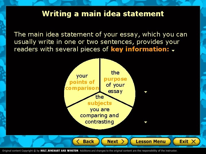 Writing a main idea statement The main idea statement of your essay, which you