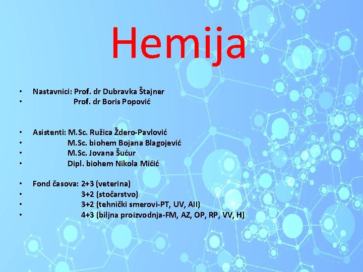 Hemija • • Nastavnici: Prof. dr Dubravka Štajner Prof. dr Boris Popović • •