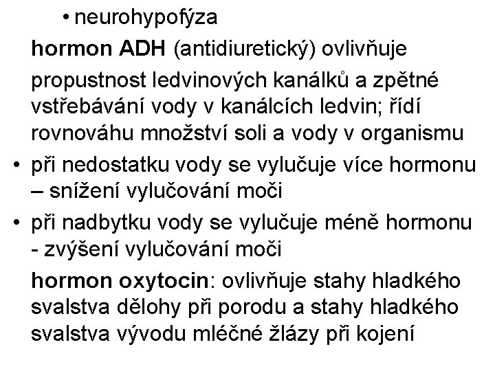  • neurohypofýza hormon ADH (antidiuretický) ovlivňuje propustnost ledvinových kanálků a zpětné vstřebávání vody