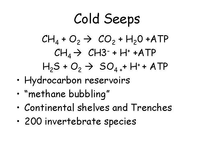 Cold Seeps • • CH 4 + O 2 CO 2 + H 20