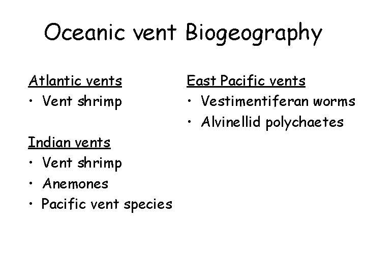 Oceanic vent Biogeography Atlantic vents • Vent shrimp Indian vents • Vent shrimp •