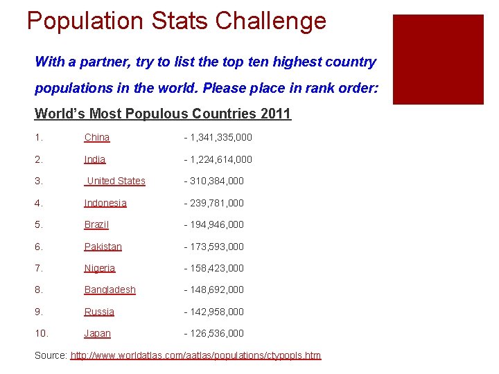 Population Stats Challenge With a partner, try to list the top ten highest country