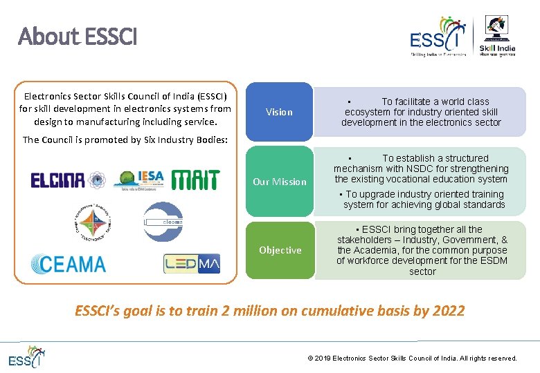 About ESSCI Electronics Sector Skills Council of India (ESSCI) for skill development in electronics About ESSCI Electronics Sector Skills Council of India (ESSCI) for skill development in electronics