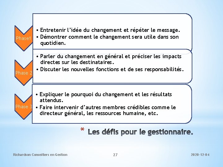  • Entretenir l’idée du changement et répéter le message. Phase 1 • Démontrer