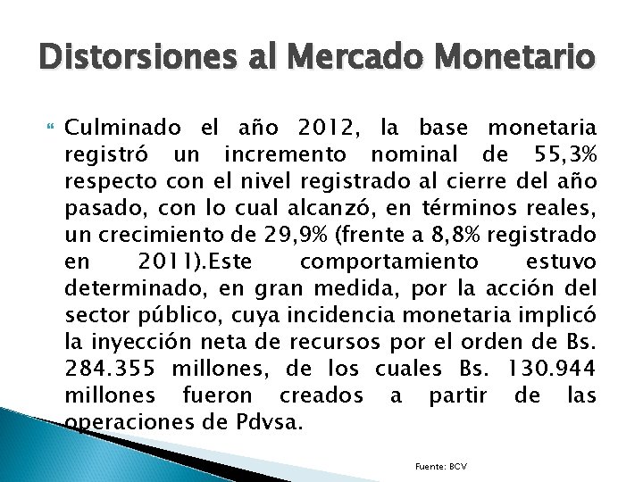 Distorsiones al Mercado Monetario Culminado el año 2012, la base monetaria registró un incremento