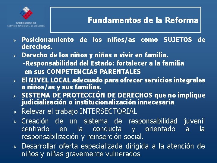 Fundamentos de la Reforma Ø Ø Ø Ø Posicionamiento de los niños/as como SUJETOS