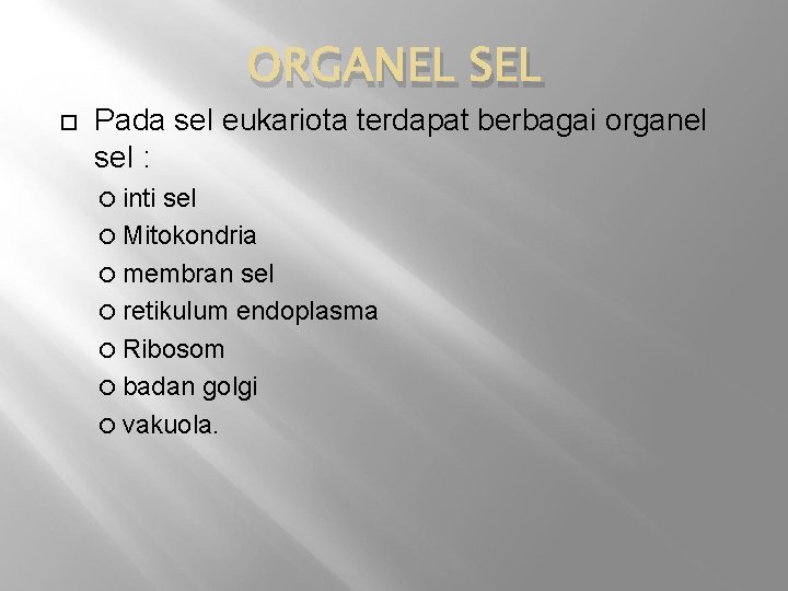 ORGANEL SEL Pada sel eukariota terdapat berbagai organel sel : inti sel Mitokondria membran