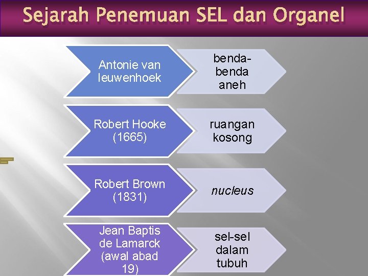 Sejarah Penemuan SEL dan Organel Antonie van leuwenhoek benda aneh Robert Hooke (1665) ruangan