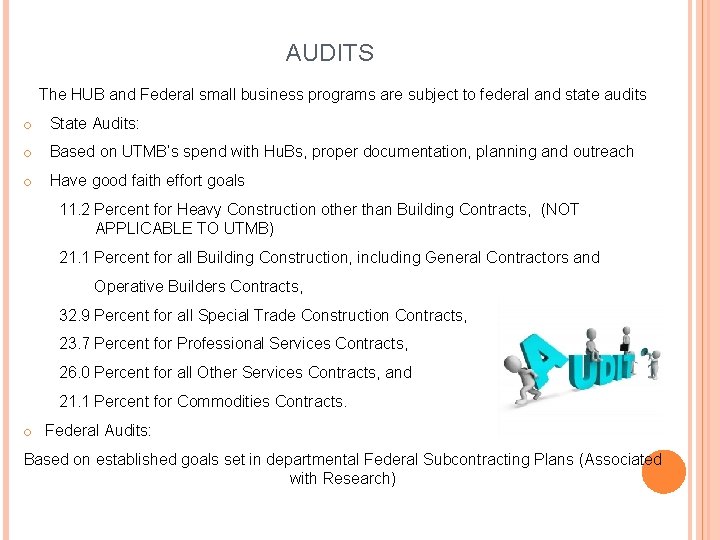 AUDITS The HUB and Federal small business programs are subject to federal and state