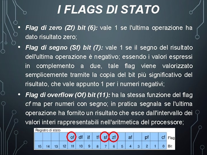 I FLAGS DI STATO • Flag di zero (Zf) bit (6): vale 1 se