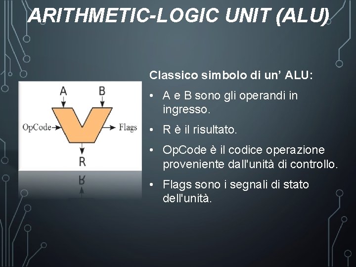 ARITHMETIC-LOGIC UNIT (ALU) Classico simbolo di un’ ALU: • A e B sono gli