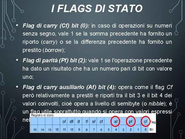 I FLAGS DI STATO • Flag di carry (Cf) bit (0): in caso di