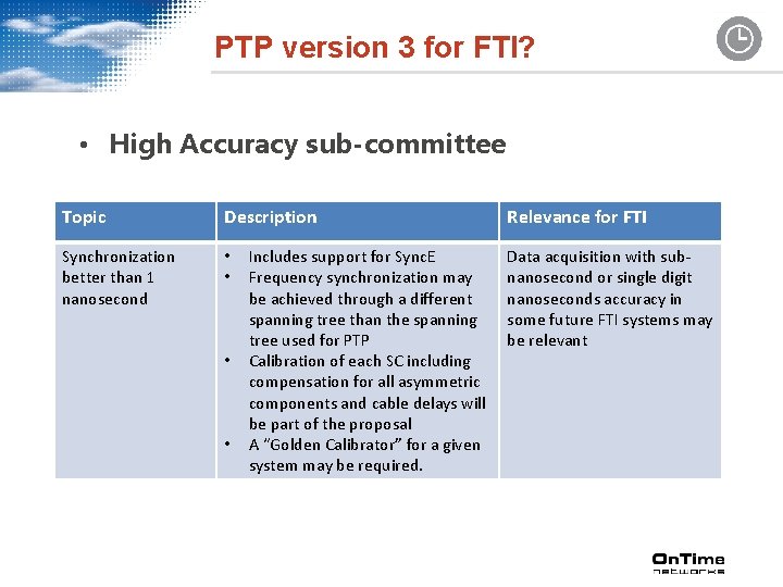 PTP version 3 for FTI? • High Accuracy sub-committee Topic Description Synchronization better than